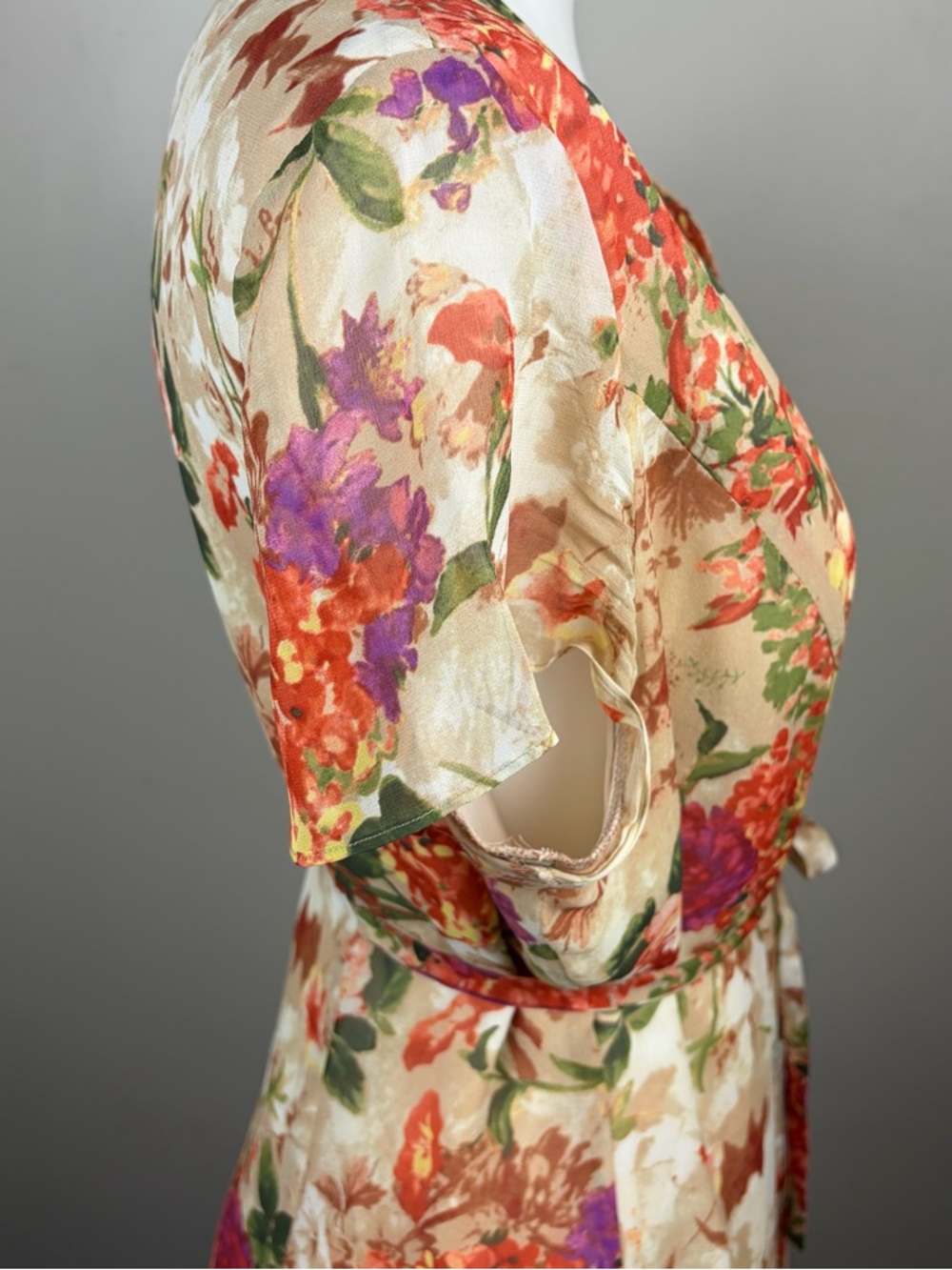 Coldwater Creek Silk 14P Floral Cream Midi Dress with Tie Waist Flaw - Picture 8 of 13